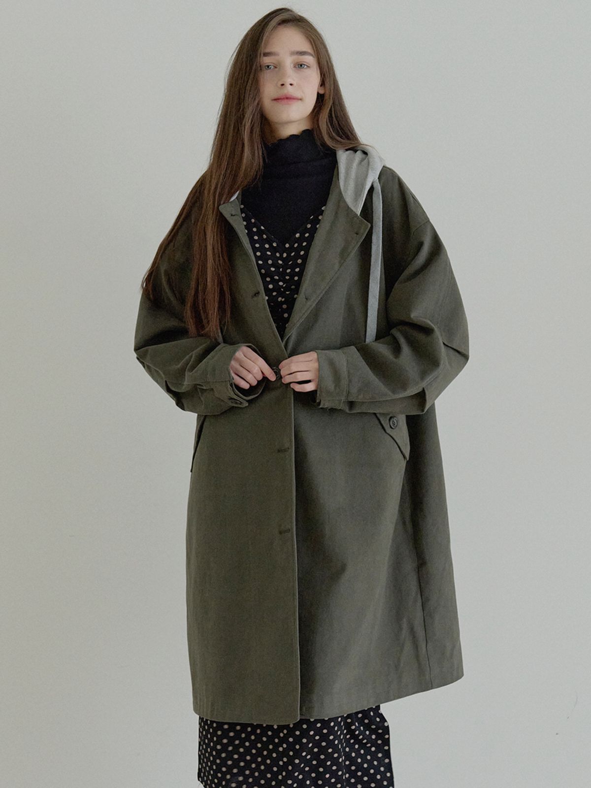 아방(AVANT-G) Overfit Hooded Long Jumper - KHAKI