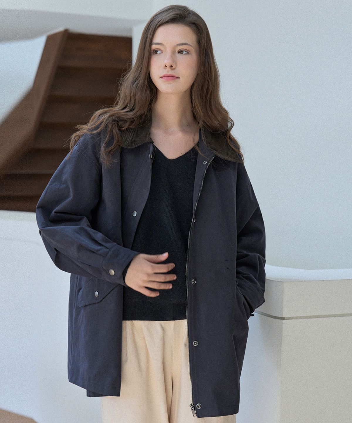아방(AVANT-G) Corduroy Collar Safari Jumper - NAVY