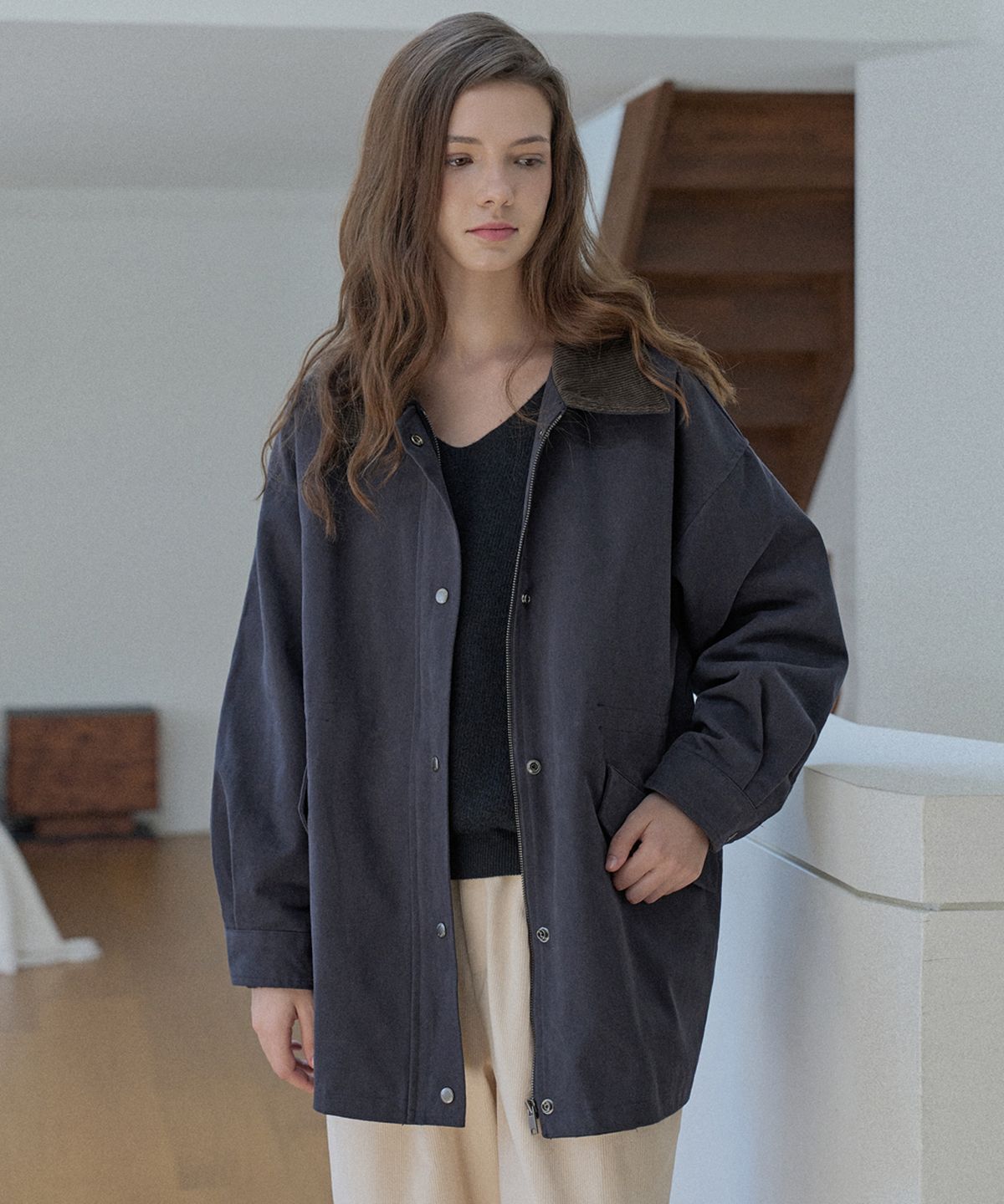 아방(AVANT-G) Corduroy Collar Safari Jumper - NAVY
