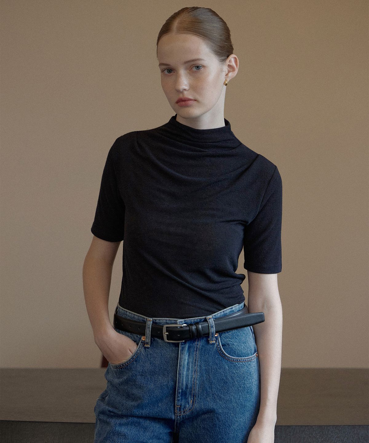 하우스 오브 폰드(HOUSE OF POND) Halfneck sleeve cowl t shirt (Ivory, Charcoal, Black)
