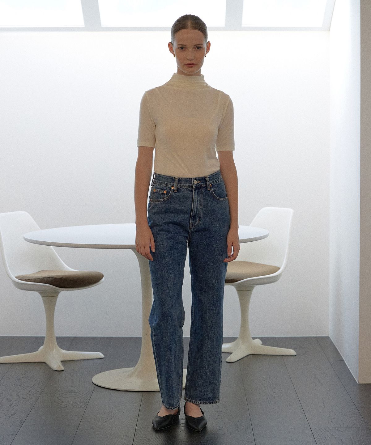 하우스 오브 폰드(HOUSE OF POND) Halfneck sleeve cowl t shirt (Ivory, Charcoal, Black)