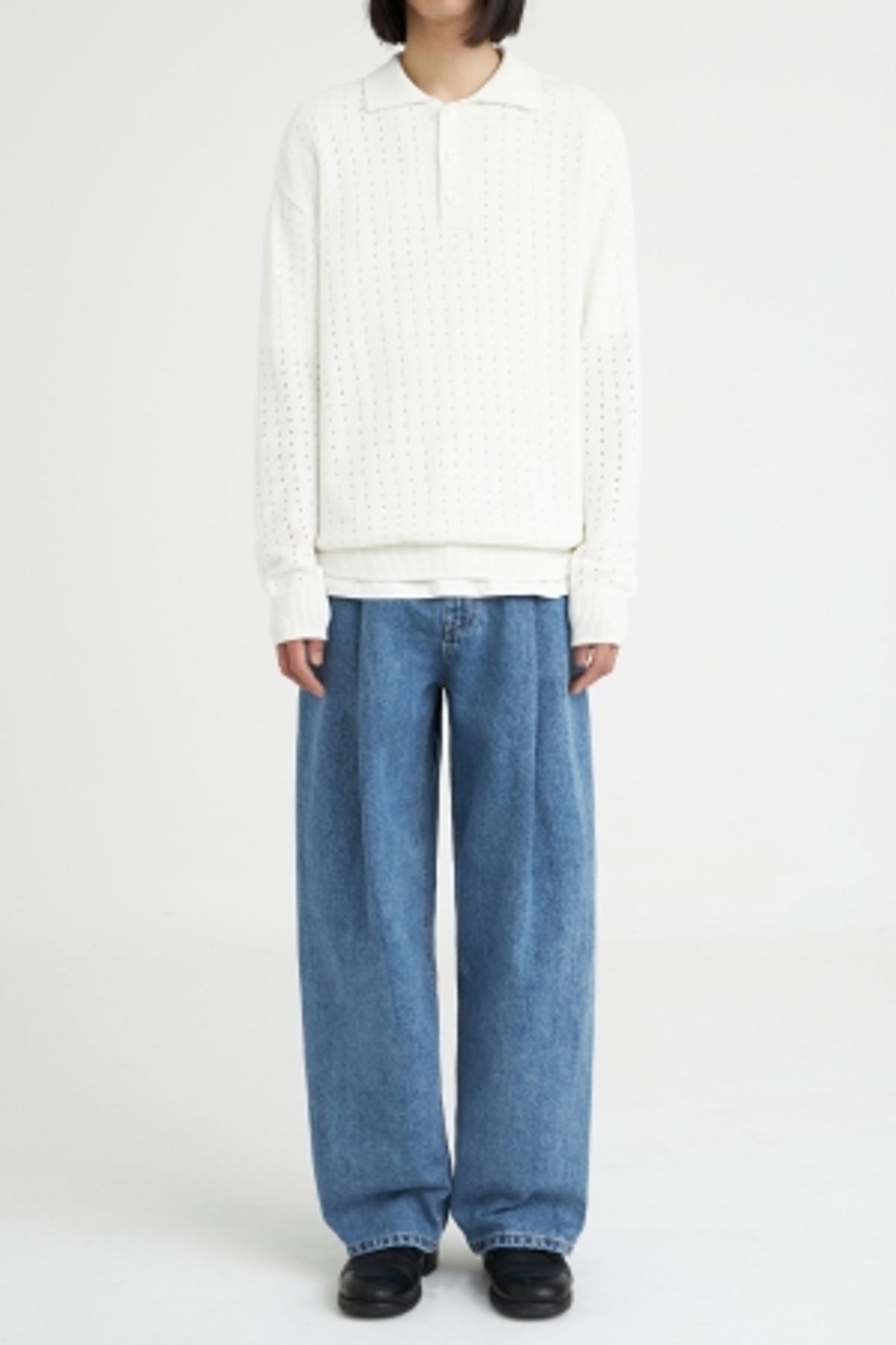 유스(YOUTH) Pointelle-Knit Collar T-shirt-White