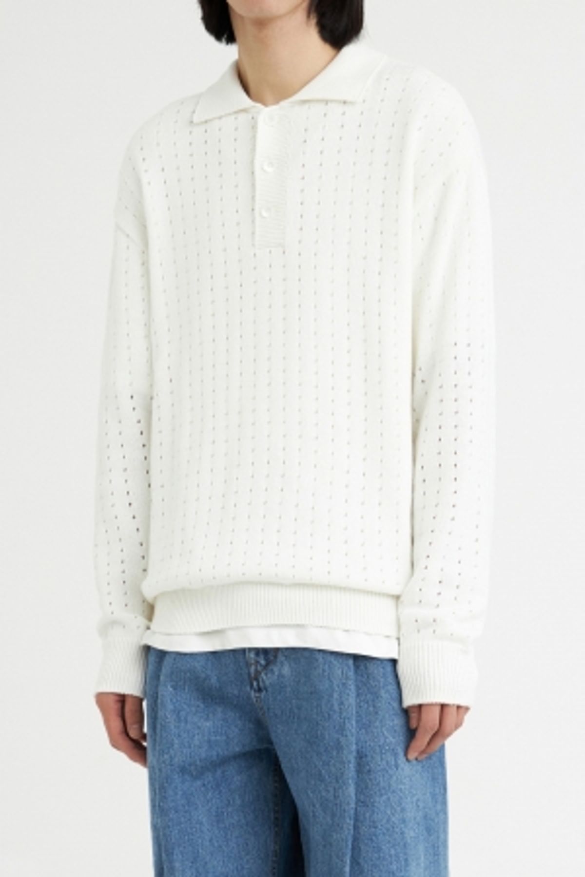 유스(YOUTH) Pointelle-Knit Collar T-shirt-White