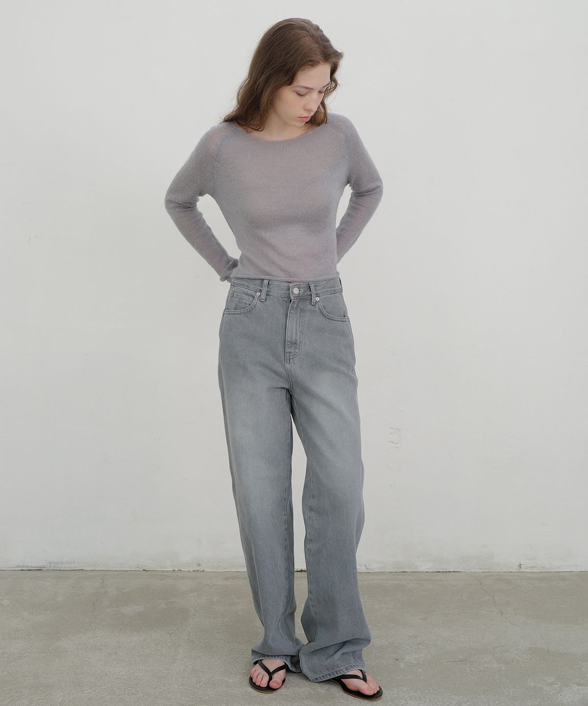 앤니즈(ANDNEEDS) Boat neck sheer knit (blue gray)