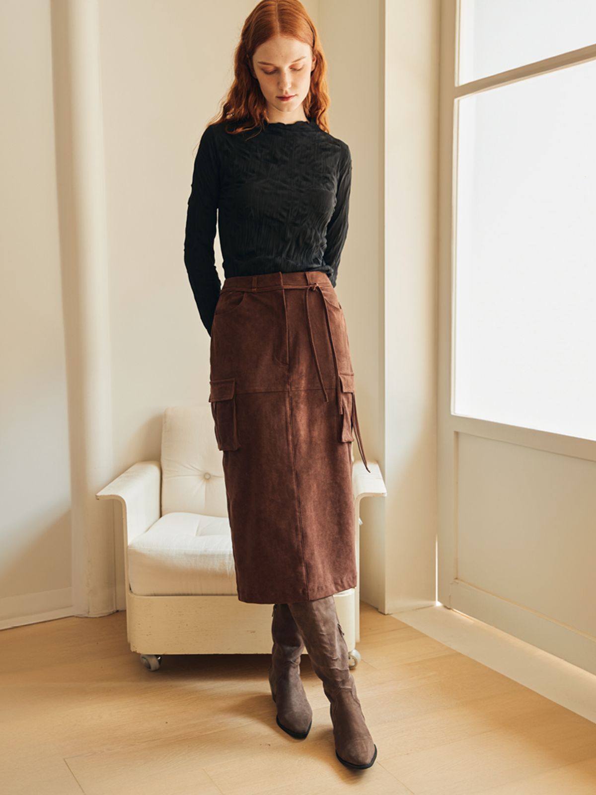 오앨(OUEL) SUADE STRING MIDI SKIRT_BROWN