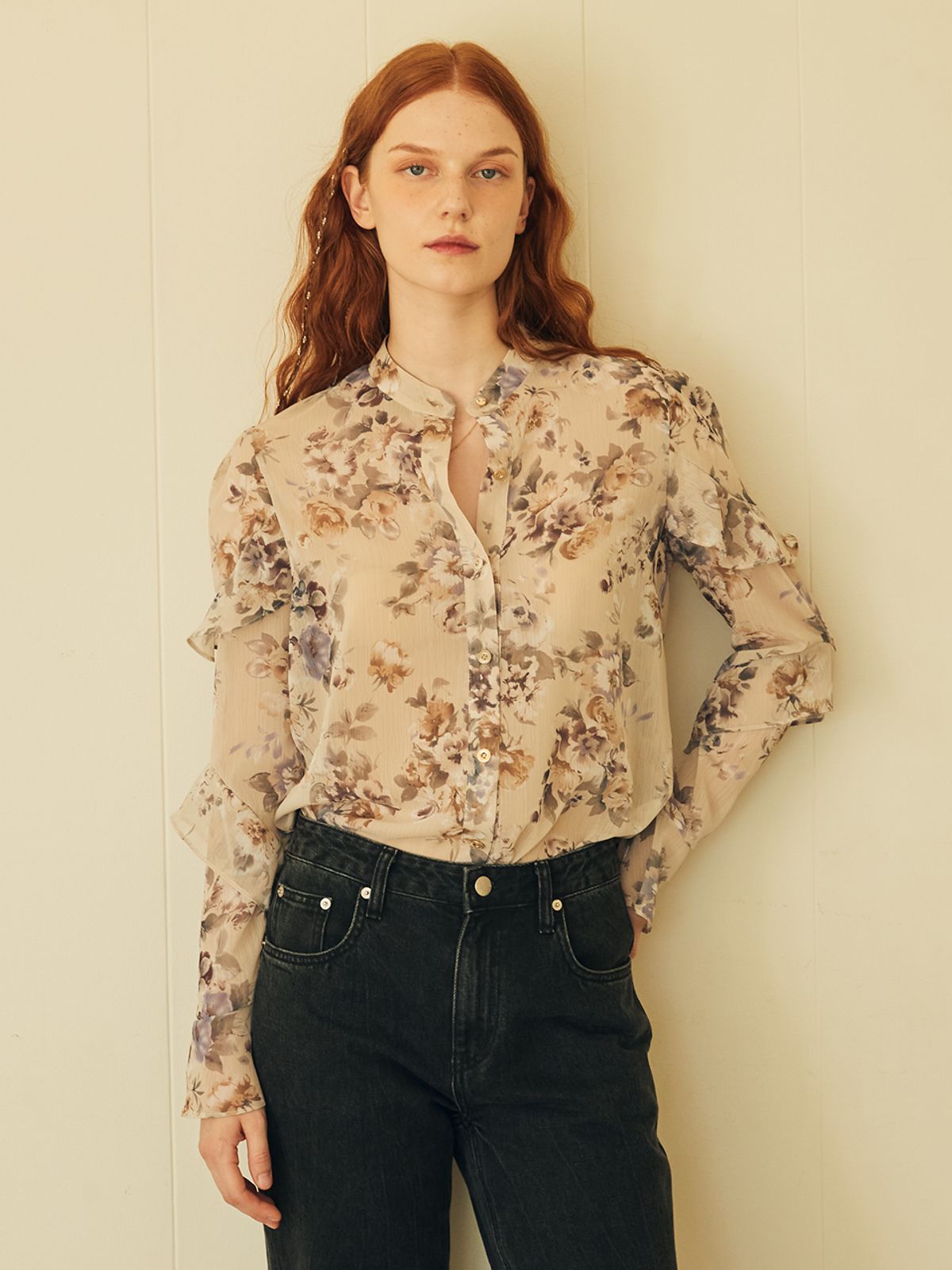오앨(OUEL) RUFFLE SLEEVE CHIFFON BLOUSE_BEIGE