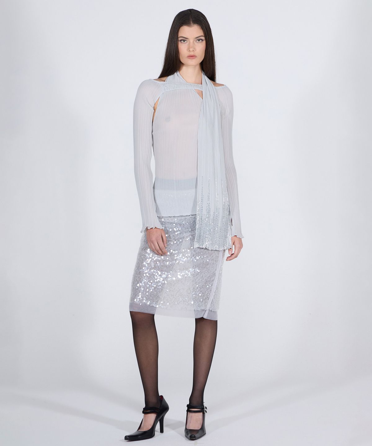 스컬프터(SCULPTOR) Beaded Scarf Set-Up Top Ice Gray