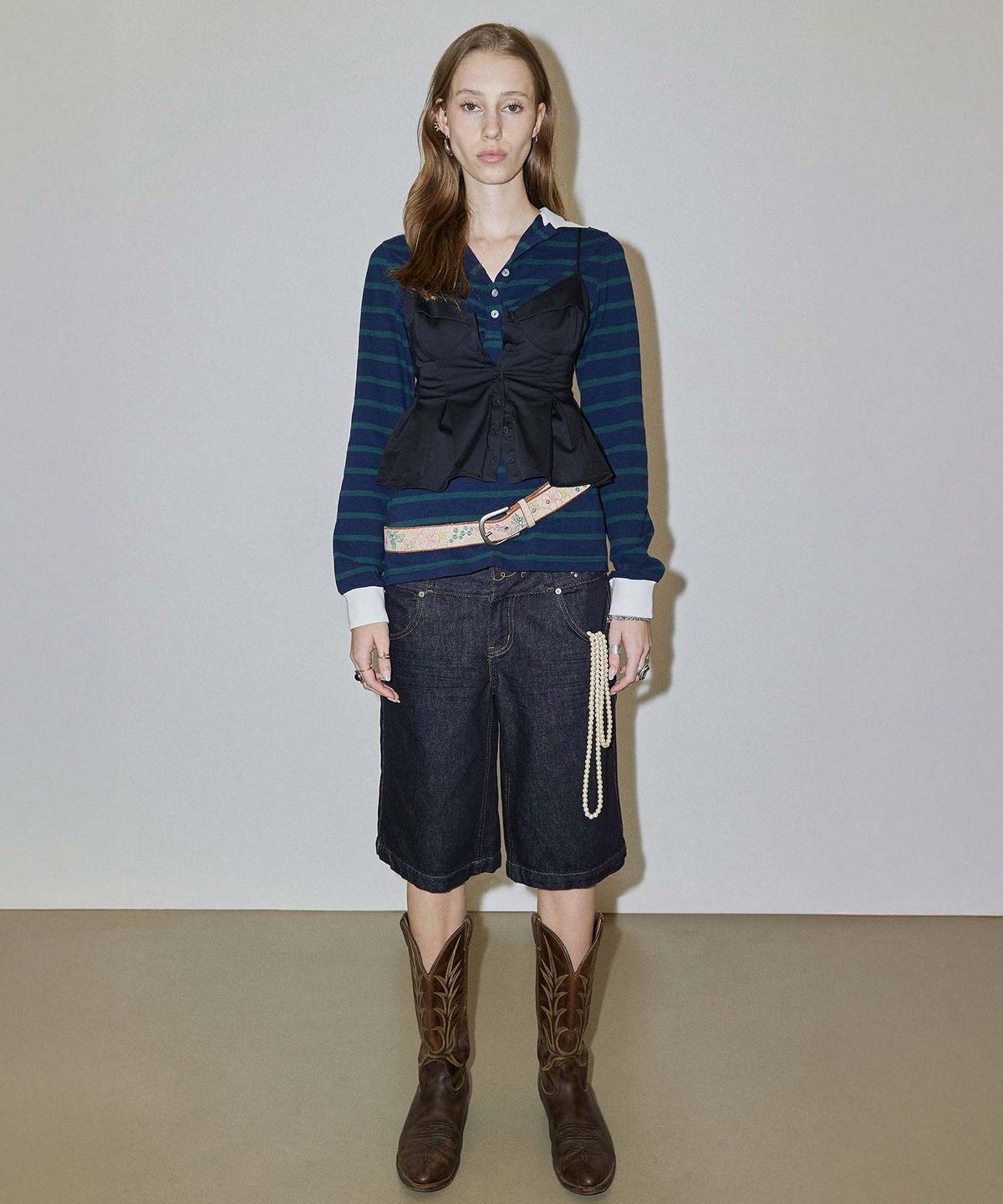 스컬프터(SCULPTOR) Shirring Tennis Shirt Navy/Green Stripe
