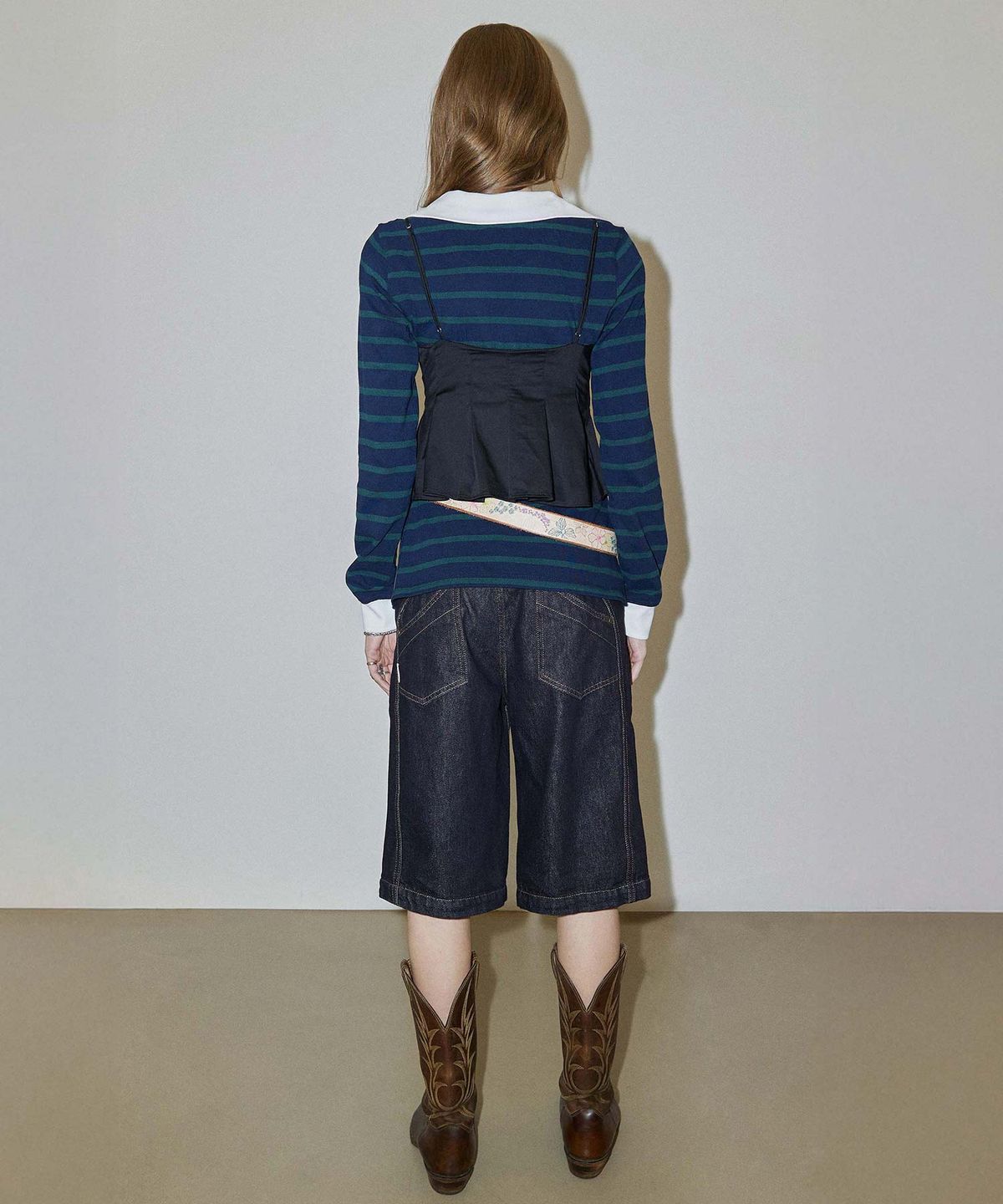 스컬프터(SCULPTOR) Shirring Tennis Shirt Navy/Green Stripe