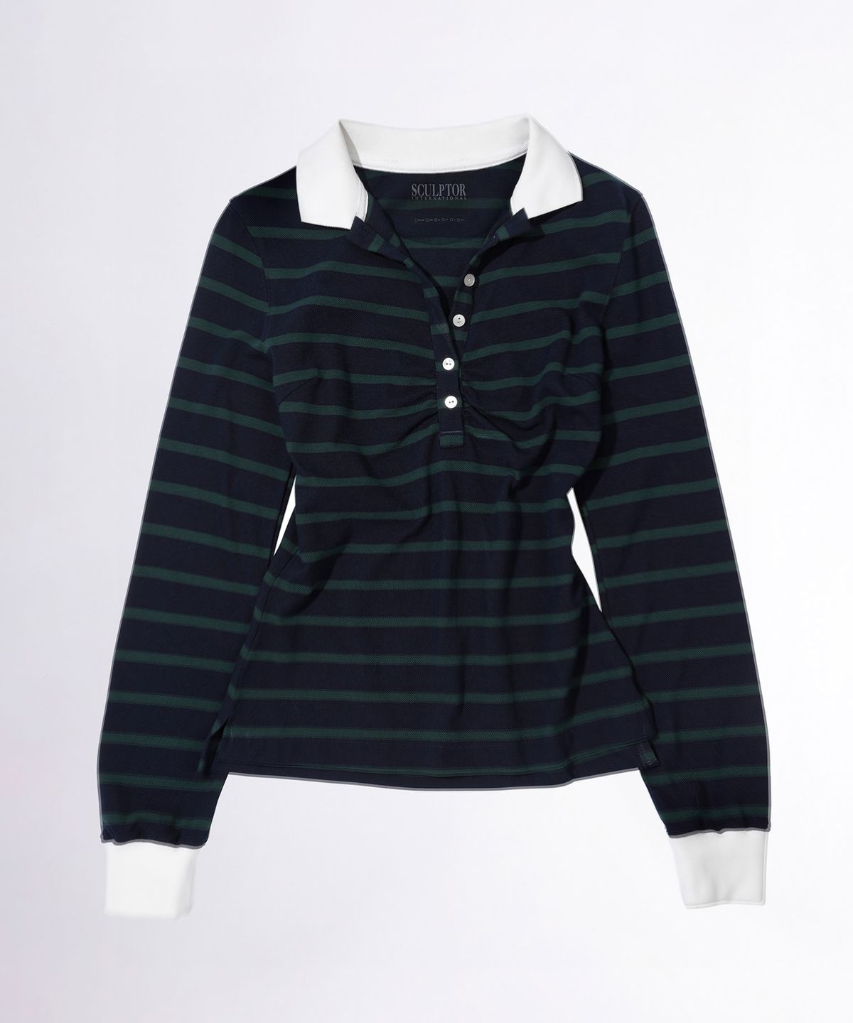 스컬프터(SCULPTOR) Shirring Tennis Shirt Navy/Green Stripe