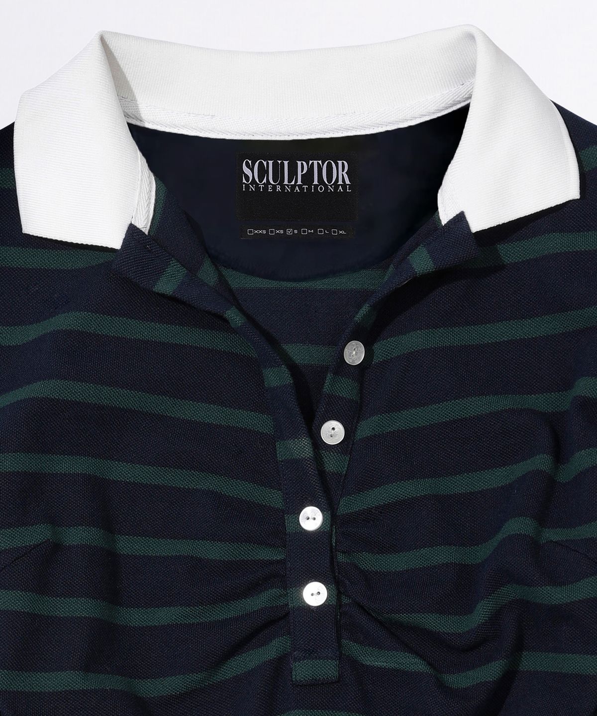 스컬프터(SCULPTOR) Shirring Tennis Shirt Navy/Green Stripe
