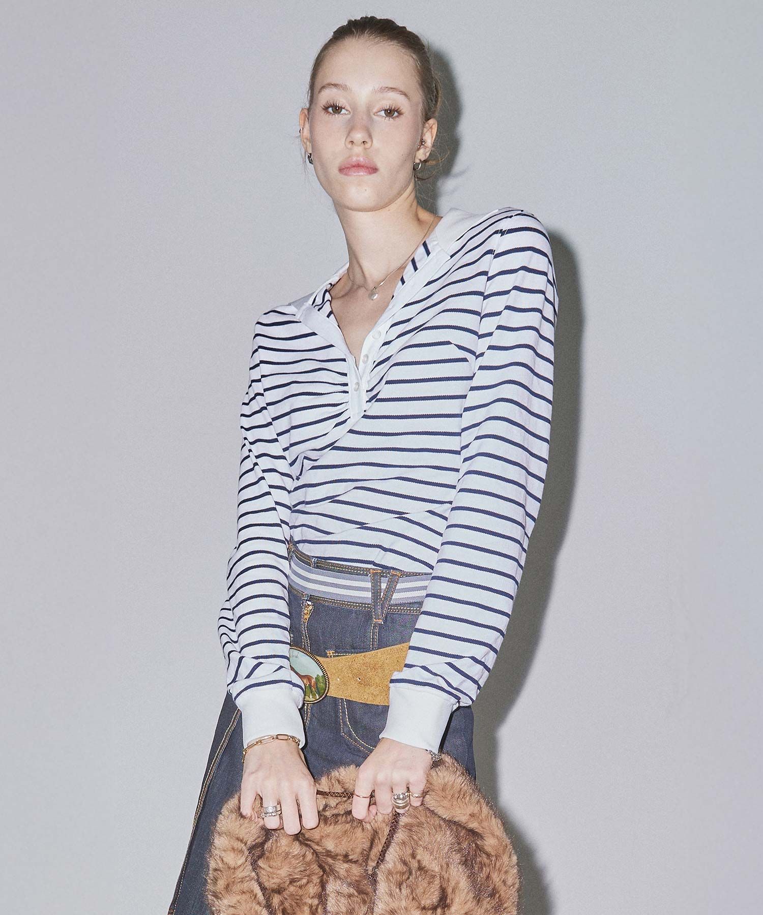 MUSINSA | SCULPTOR Shirring Tennis Shirt White/Navy Stripe