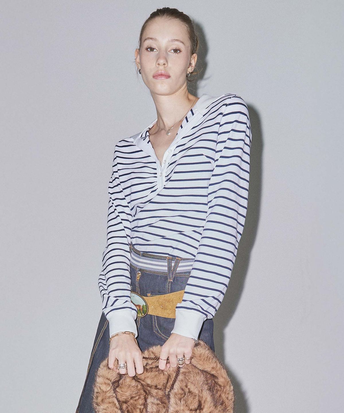 스컬프터(SCULPTOR) Shirring Tennis Shirt White/Navy Stripe