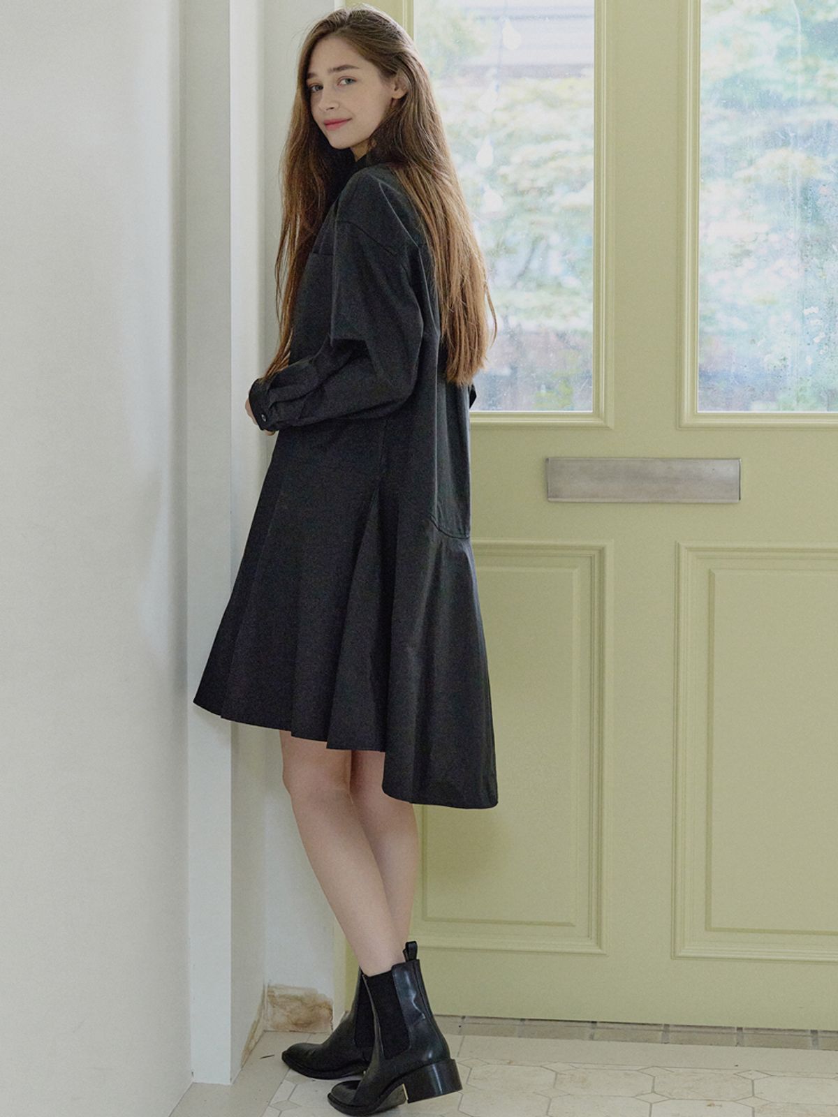 아방(AVANT-G) Shirt Flare Midi Dress - BLACK