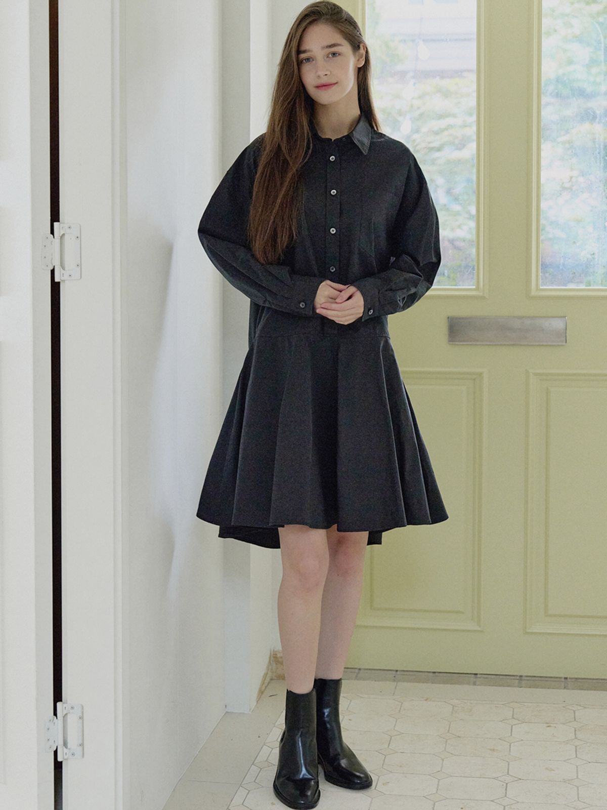 아방(AVANT-G) Shirt Flare Midi Dress - BLACK