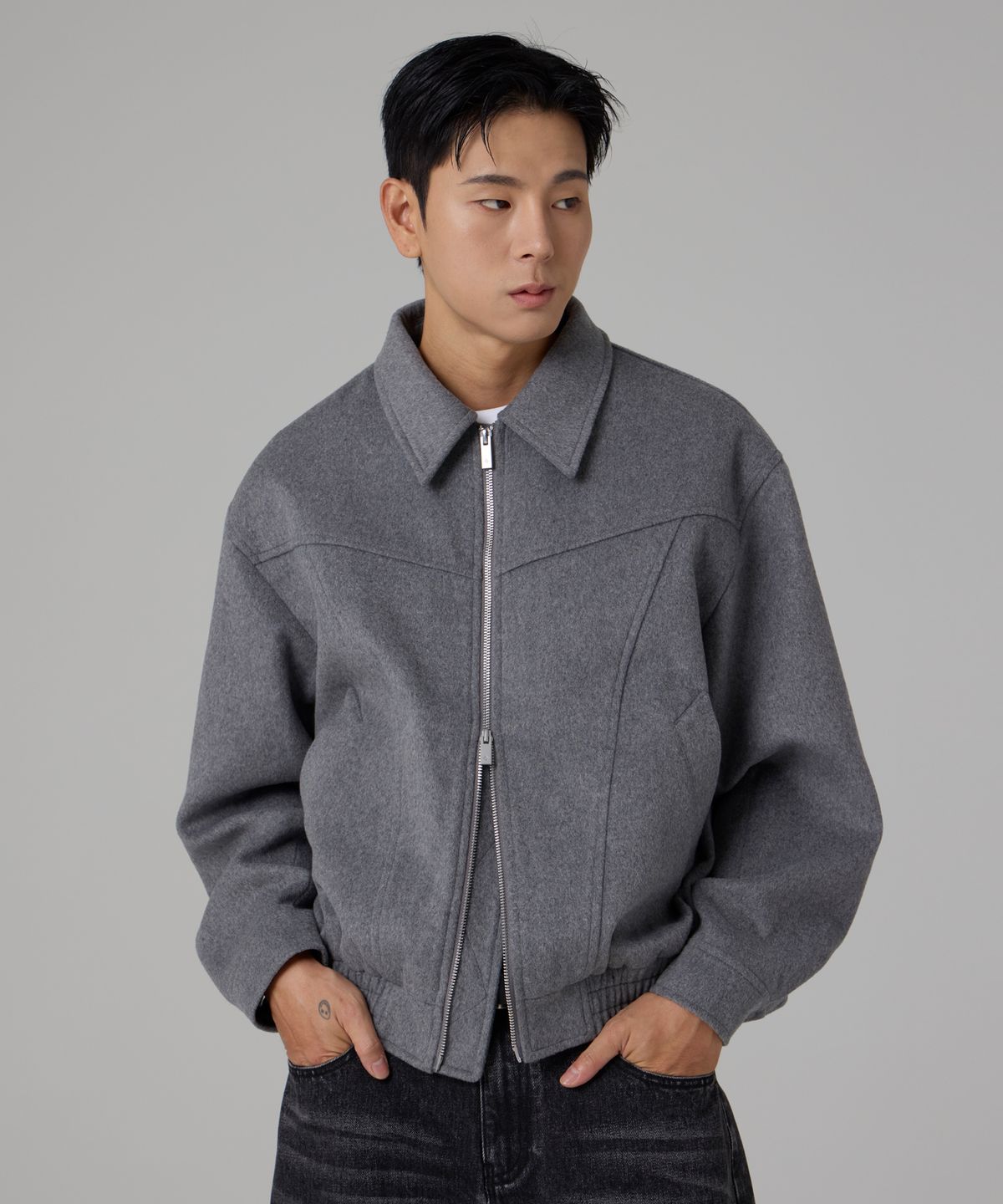 언아웃핏(AOTT) 울 블렌드 2-WAY 카라 블루종 그레이