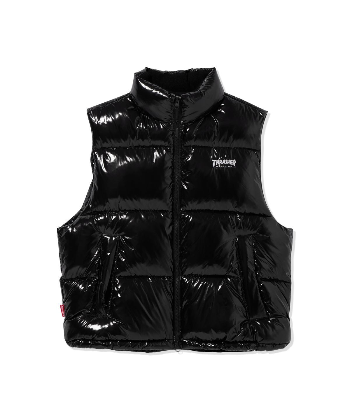 트레셔(THRASHER) 엠보스 로고 글로시 푸퍼 패딩 베스트 블랙