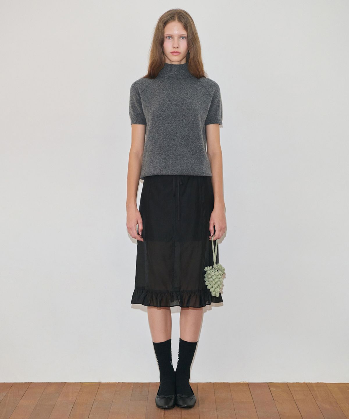 시눈(SINOON) Rabbit Tie Half Sleeve Turtleneck Knit (Charcoal Grey)