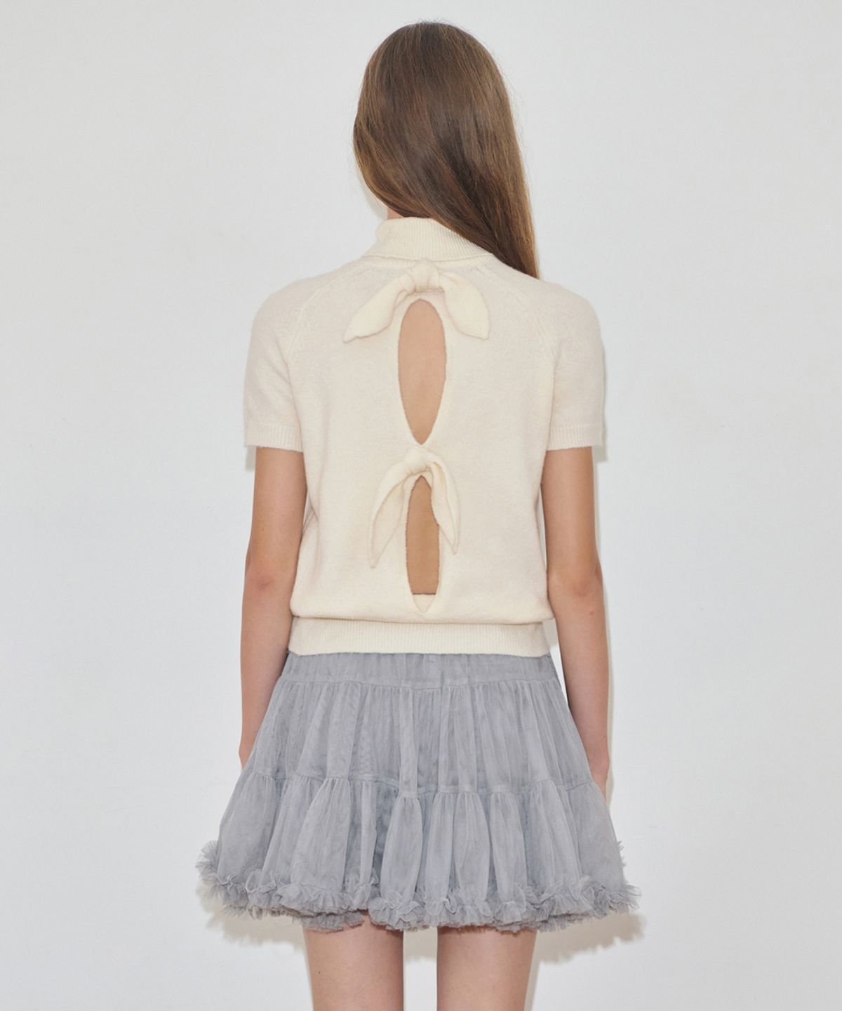 시눈(SINOON) Rabbit Tie Half Sleeve Turtleneck Knit (Cream)