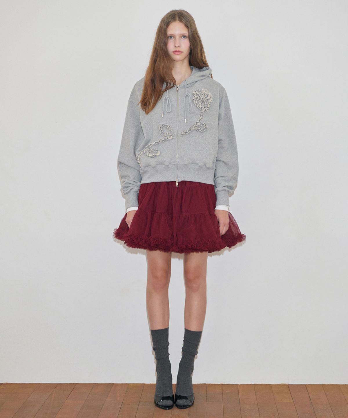 시눈(SINOON) Rose Frill Hoodie Zipup (Melange Grey)