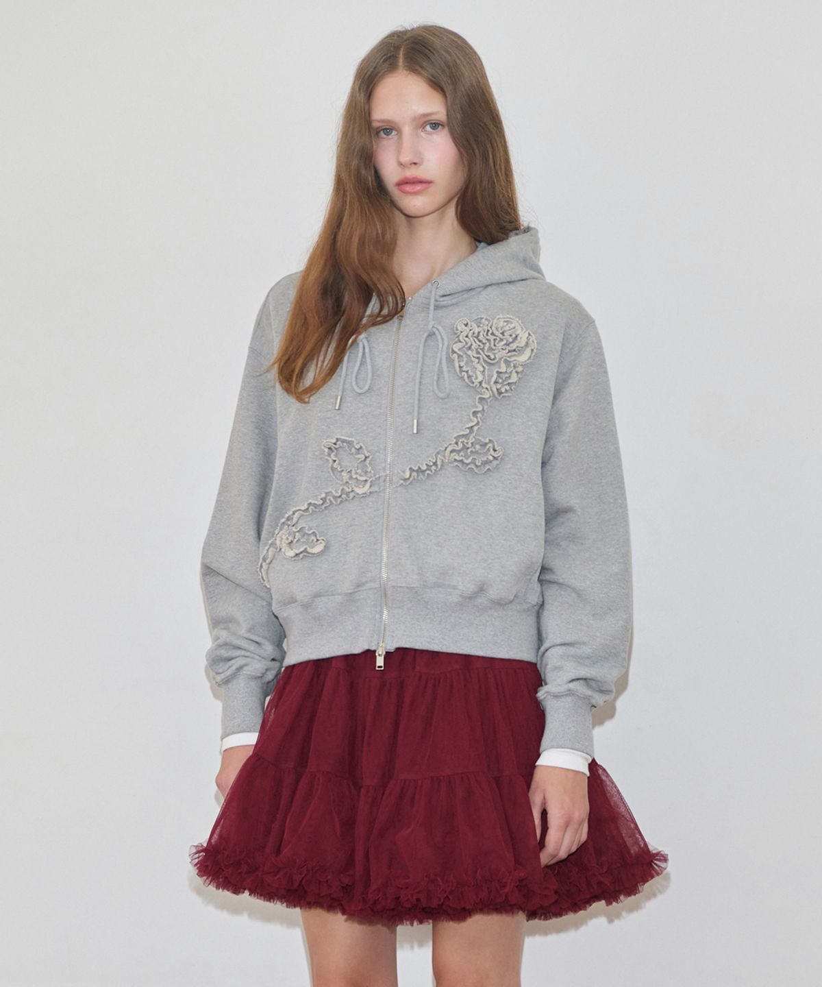 시눈(SINOON) Rose Frill Hoodie Zipup (Melange Grey)