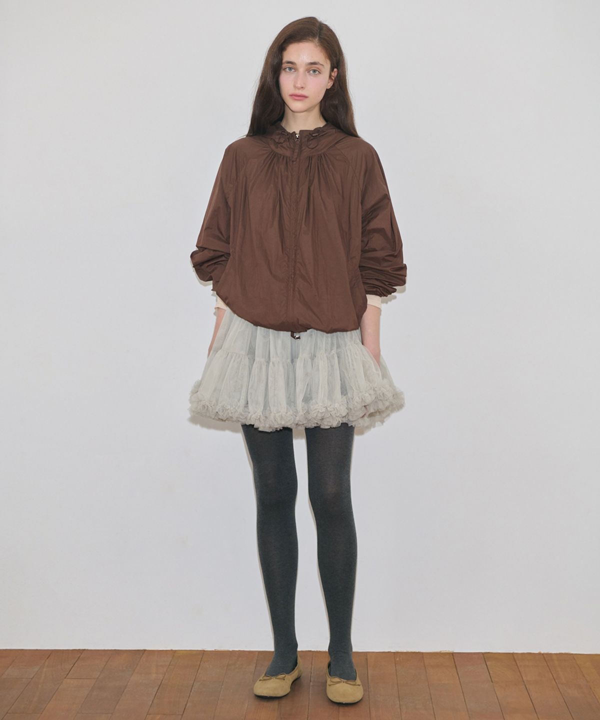 시눈(SINOON) Shirring Hoodie Windbreaker (Brown)