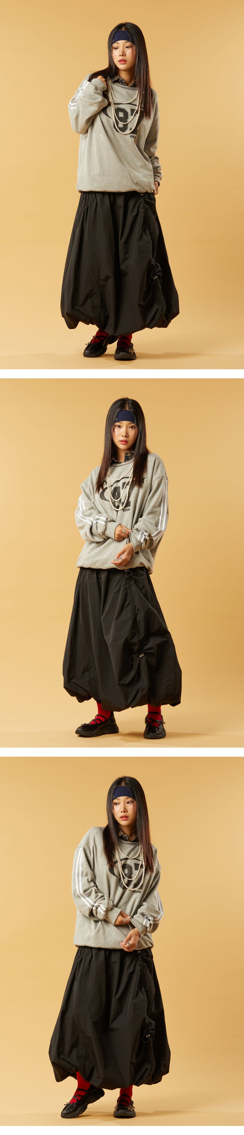MUSINSA | KOLEAT Balloon shirring strap long skirt [BLACK]