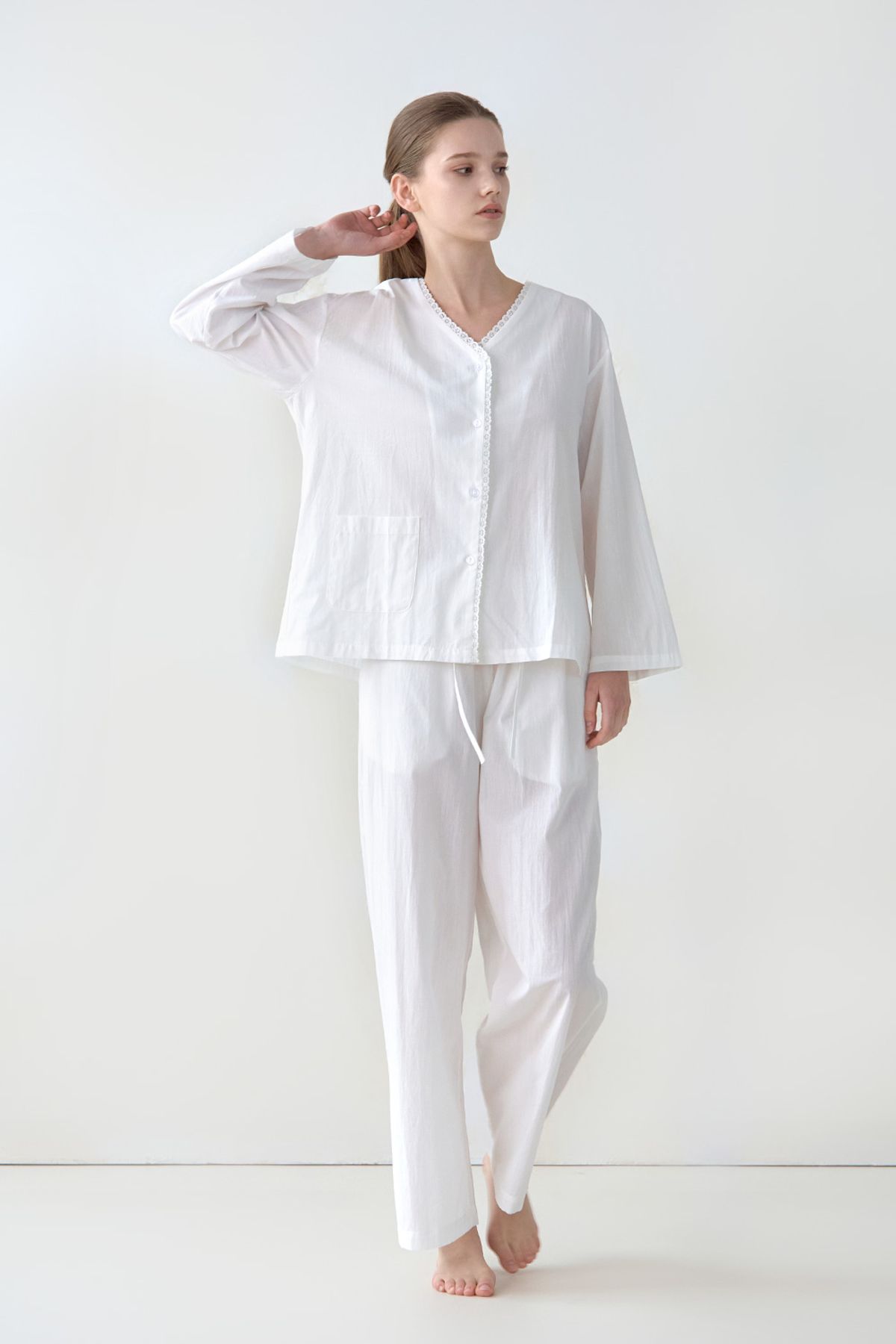 아워위(OURWE) 레이스 순면 긴팔 잠옷 세트 (2 colors)