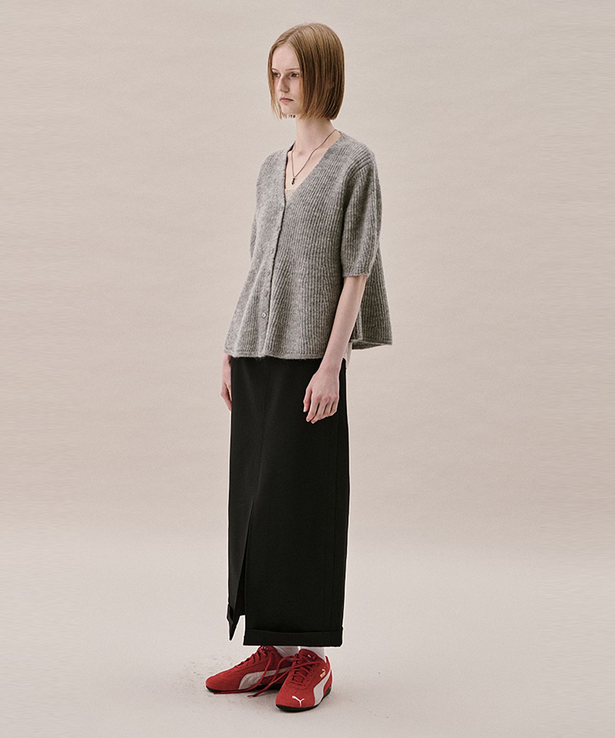 아위(AHWE) MOHAIR BLEND FLARED CARDIGAN_MISTY GREY