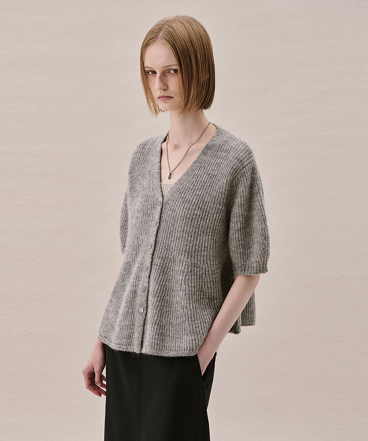 아위(AHWE) MOHAIR BLEND FLARED CARDIGAN_MISTY GREY