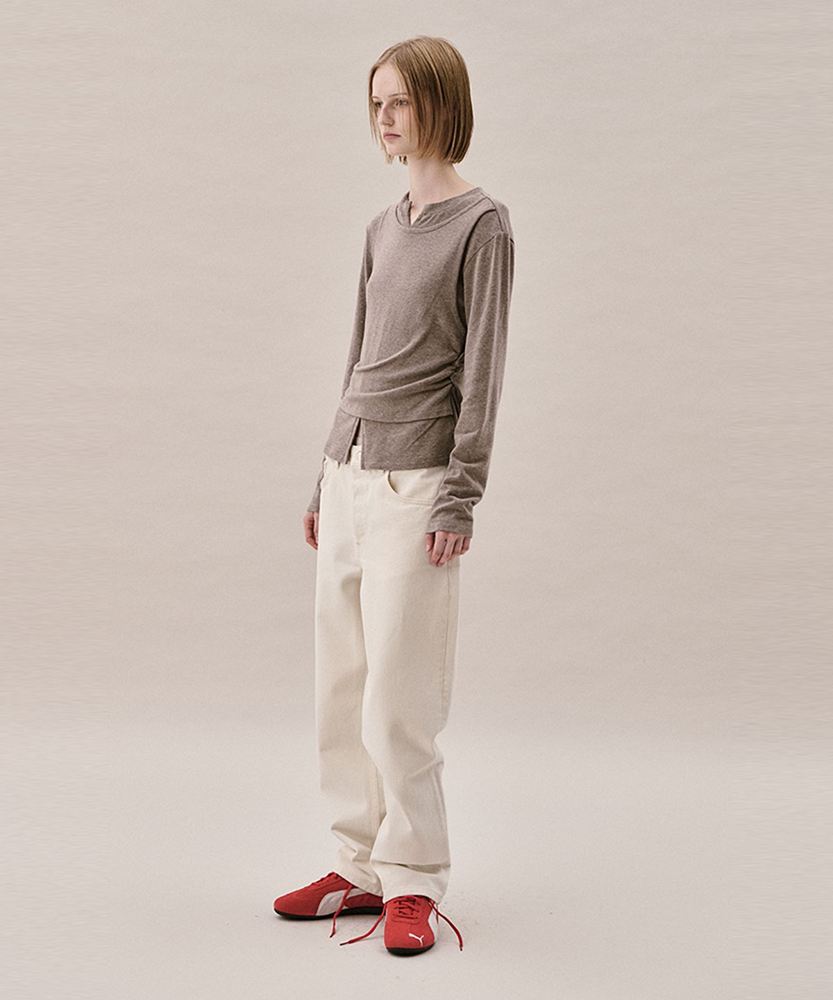 아위(AHWE) LAYERED JERSEY TOP_LIGHT BROWN MELANGE