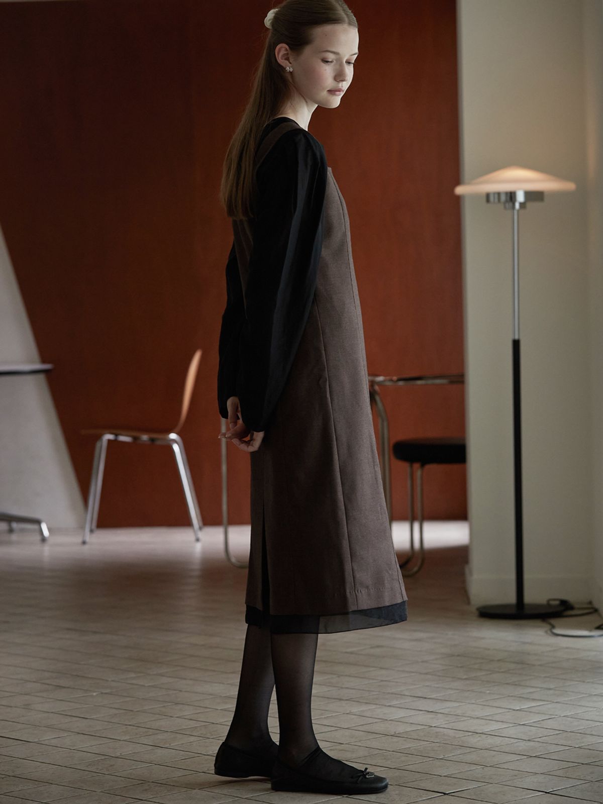 비뮤즈맨션(BEMUSE MANSION) Hem line sheer patch dress - Brown