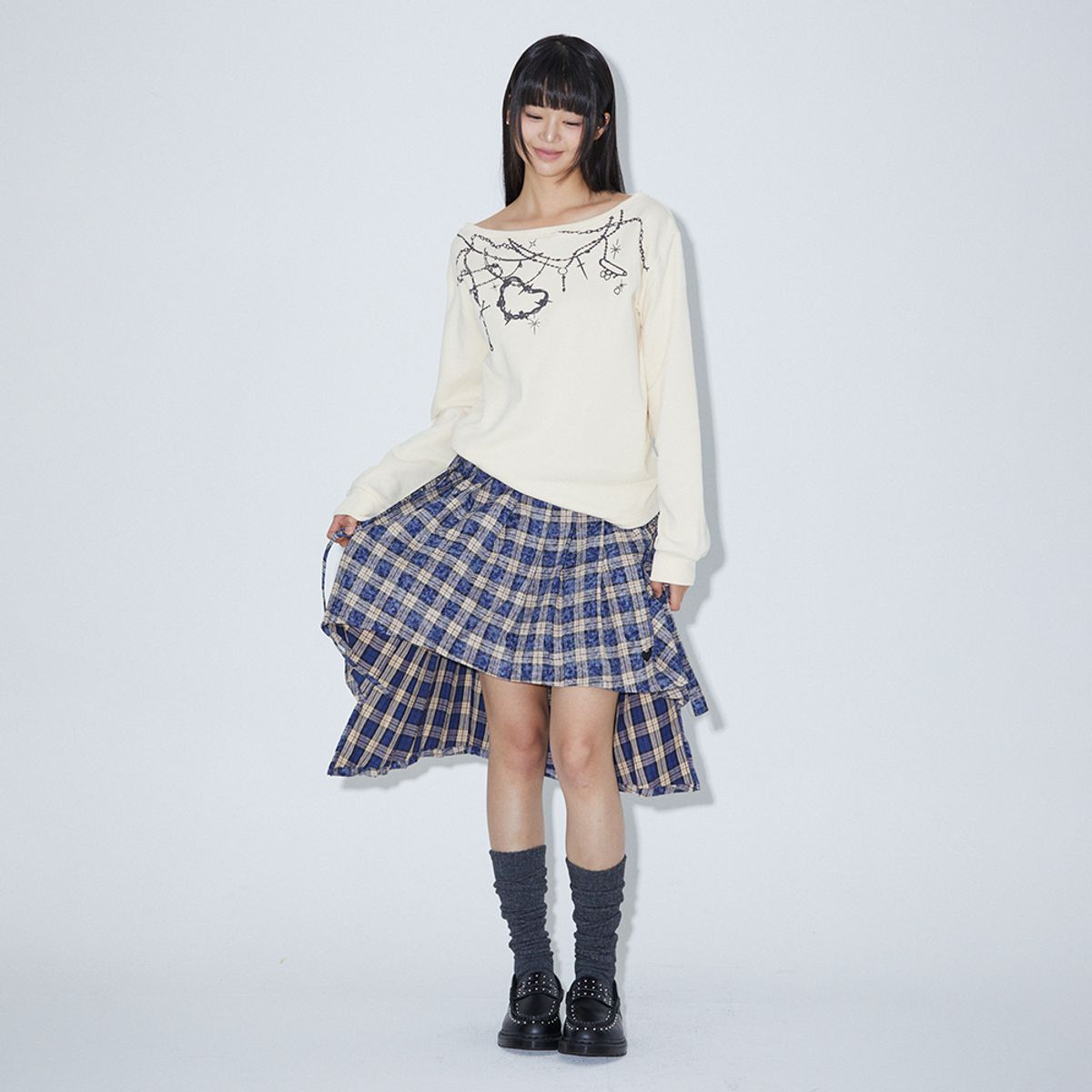 라라폭스(LALAFOX) CHECK UNBALANCE PLEATS SKIRT BLUE BQ4WS001
