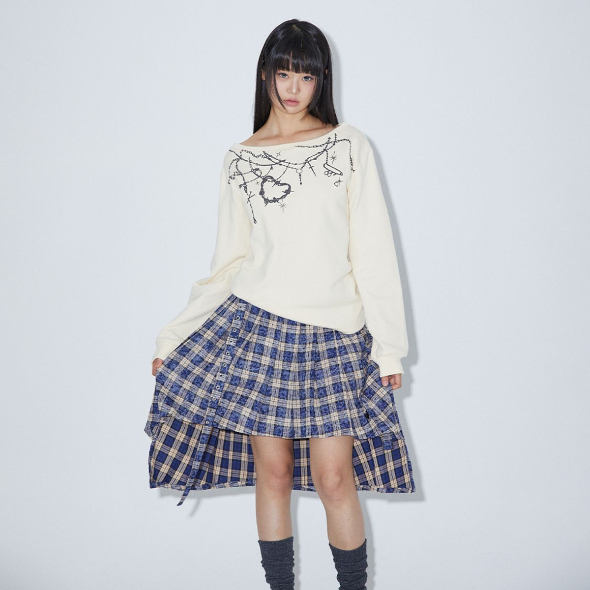 라라폭스(LALAFOX) CHECK UNBALANCE PLEATS SKIRT BLUE BQ4WS001