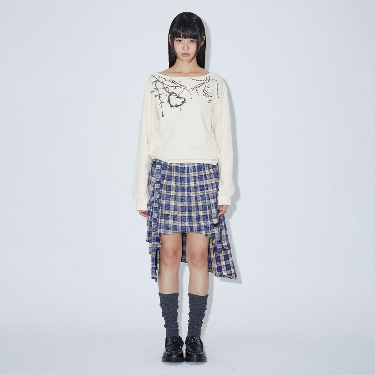 라라폭스(LALAFOX) CHECK UNBALANCE PLEATS SKIRT BLUE BQ4WS001