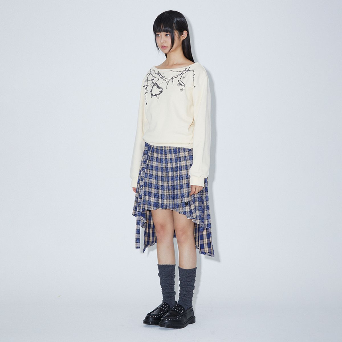라라폭스(LALAFOX) CHECK UNBALANCE PLEATS SKIRT BLUE BQ4WS001