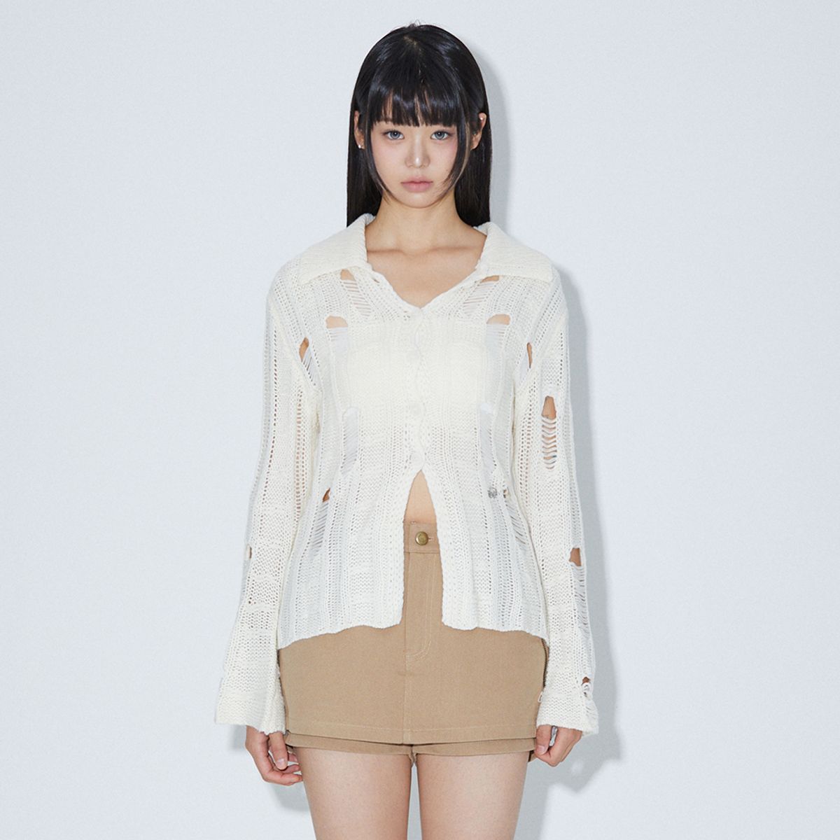 라라폭스(LALAFOX) KNIT COLLAR CARDIGAN IVORY 카라 니트 가디건  BQ4KG003