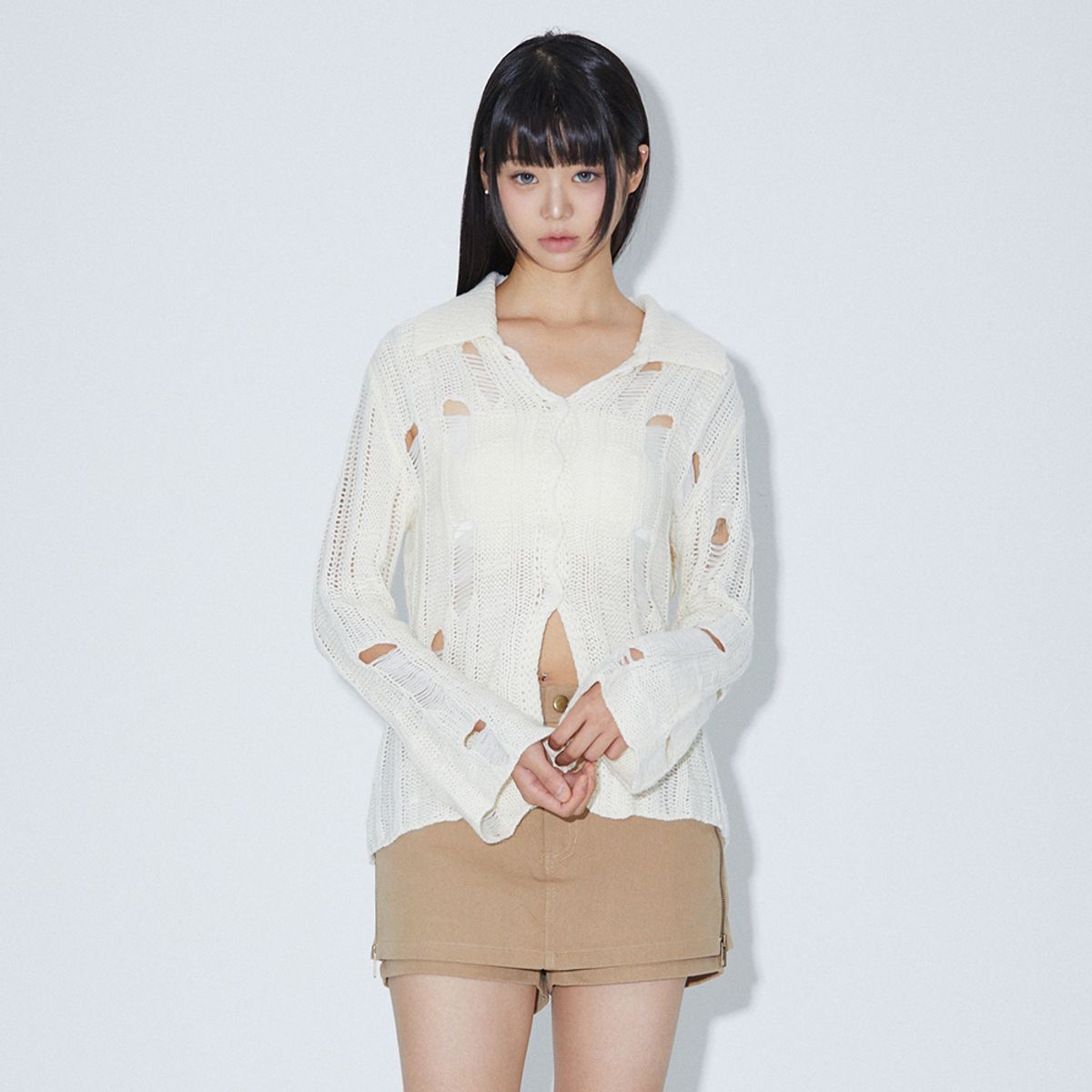 라라폭스(LALAFOX) KNIT COLLAR CARDIGAN IVORY 카라 니트 가디건  BQ4KG003