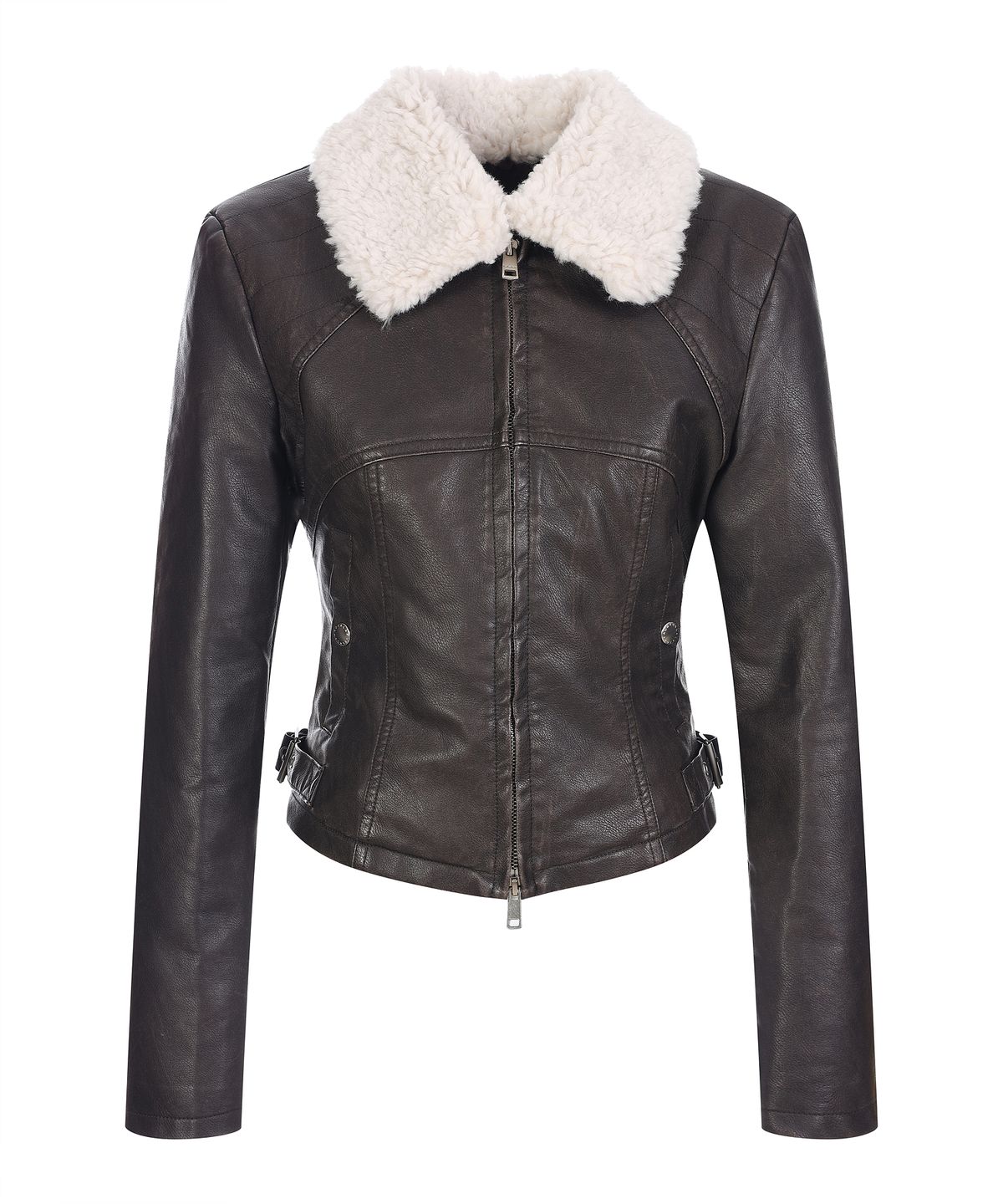 라라폭스(LALAFOX) NECK FUR SLIM FAKE LEATHER JACKET DARK BROWN BQ4MJ002