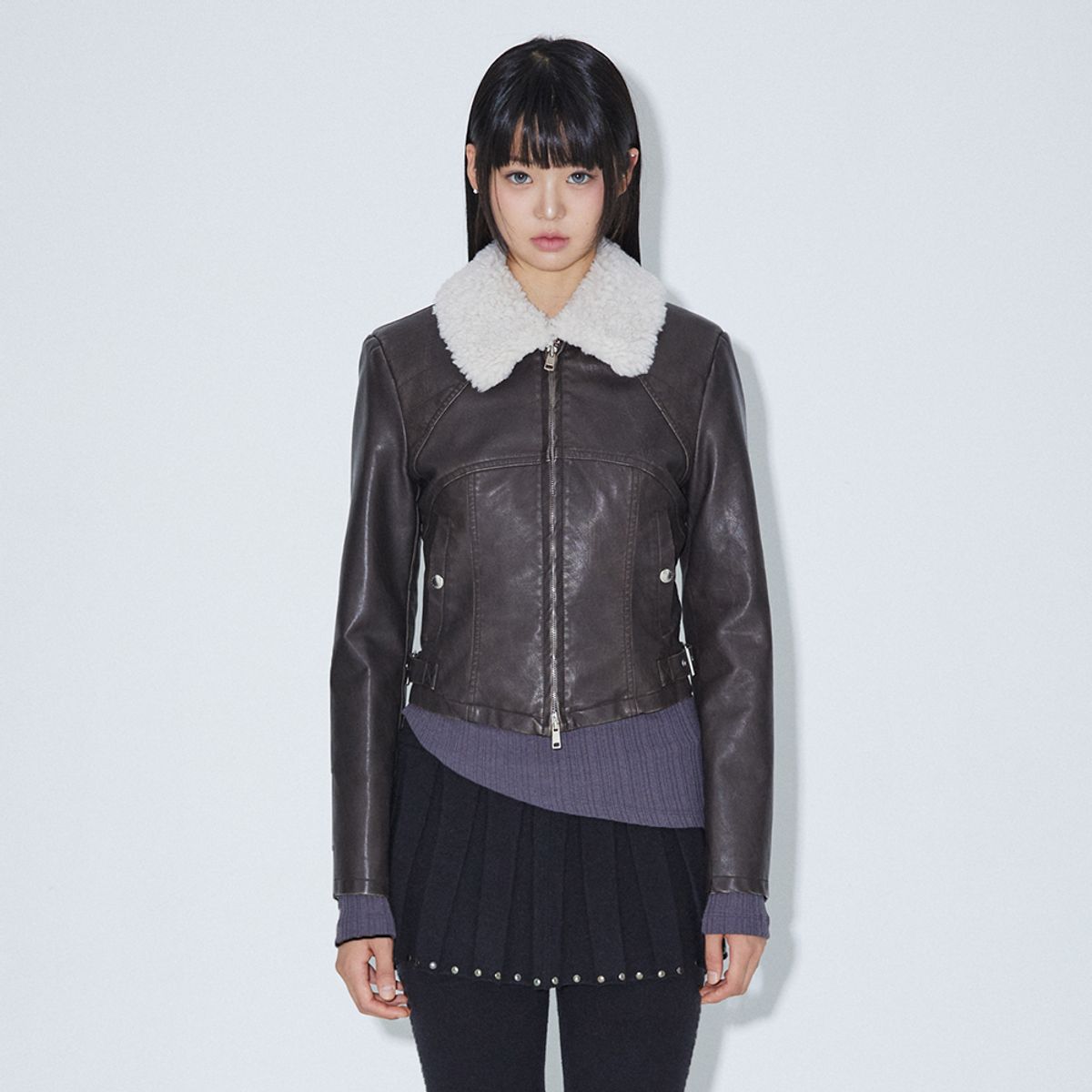 라라폭스(LALAFOX) NECK FUR SLIM FAKE LEATHER JACKET DARK BROWN BQ4MJ002