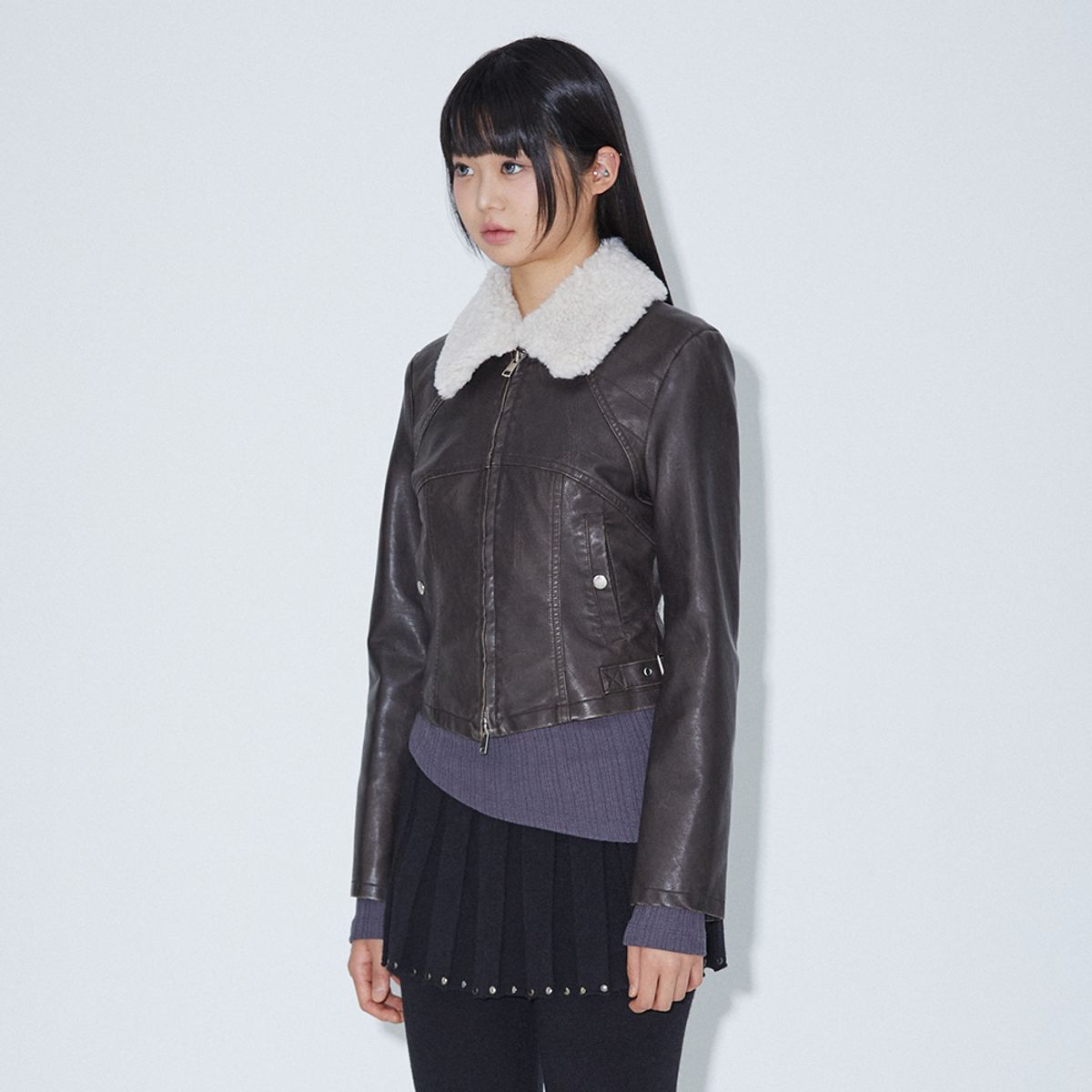 라라폭스(LALAFOX) NECK FUR SLIM FAKE LEATHER JACKET DARK BROWN BQ4MJ002