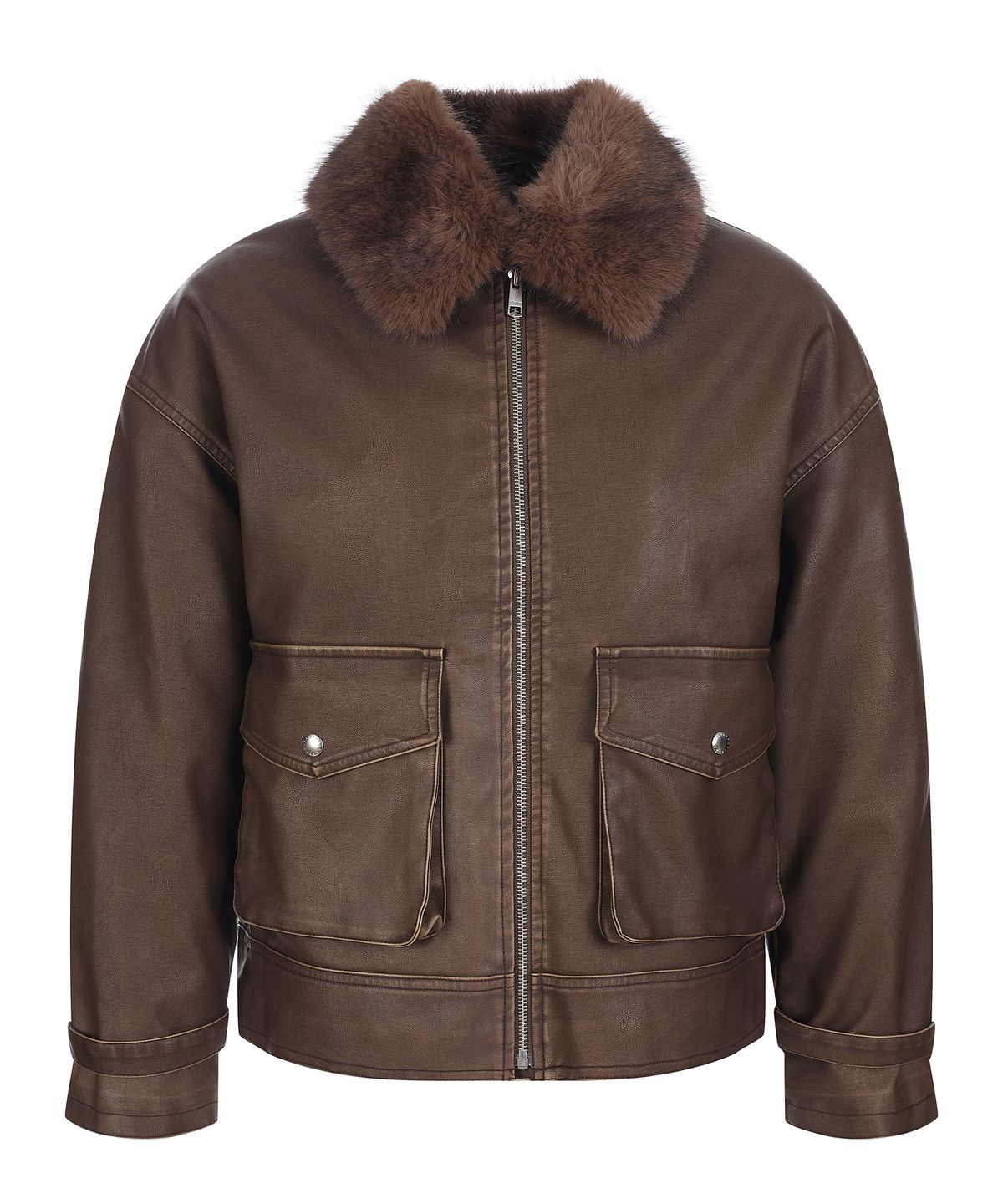 라라폭스(LALAFOX) NECK FUR  OVERSIZED FAKE LEATHER JACKET BROWN BQ4MJ001