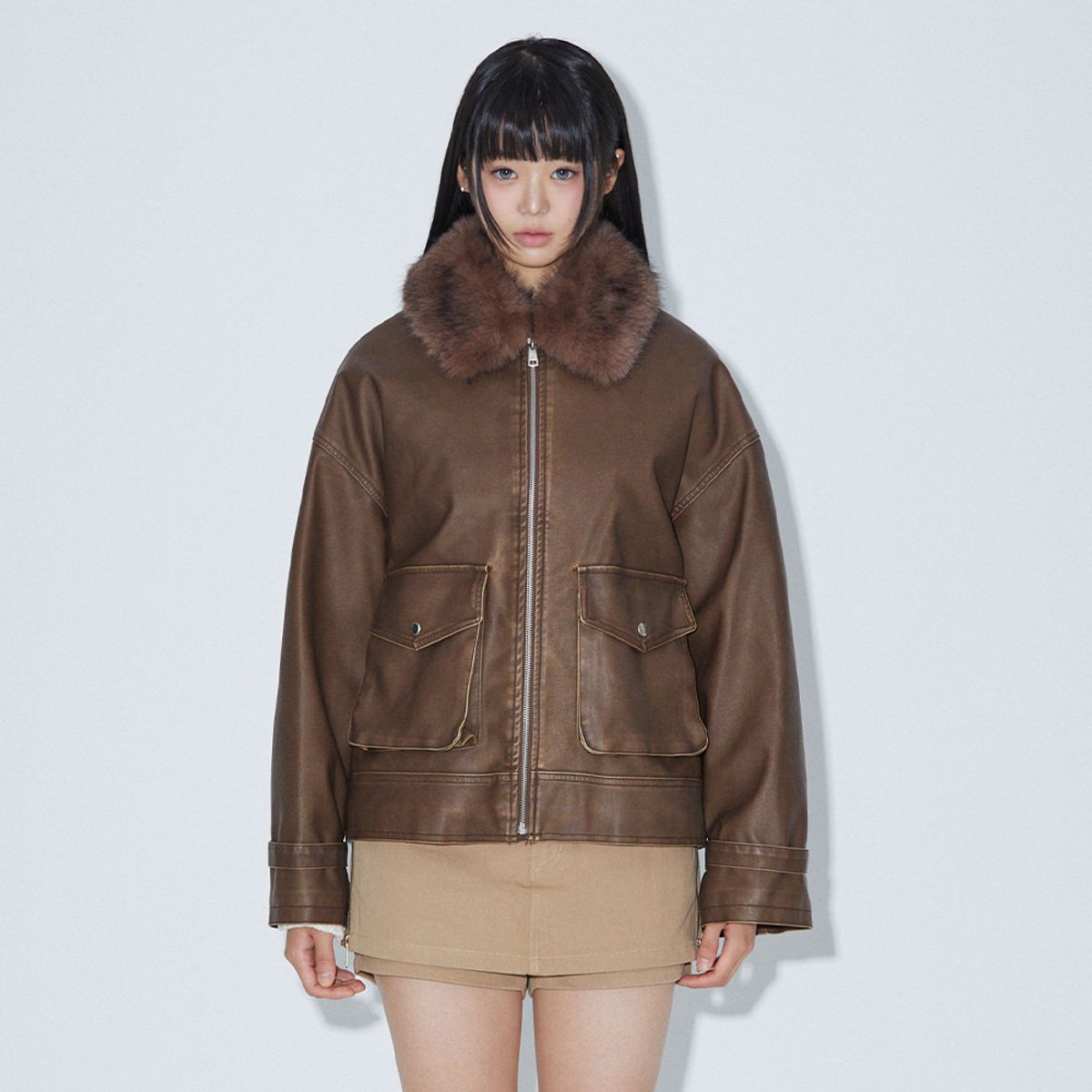 라라폭스(LALAFOX) NECK FUR  OVERSIZED FAKE LEATHER JACKET BROWN BQ4MJ001
