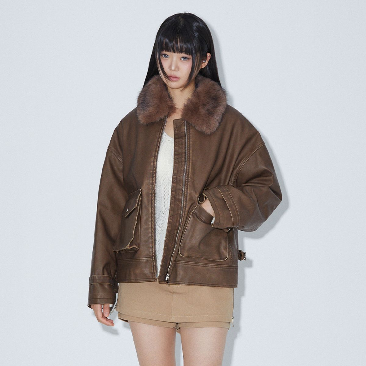 라라폭스(LALAFOX) NECK FUR  OVERSIZED FAKE LEATHER JACKET BROWN BQ4MJ001