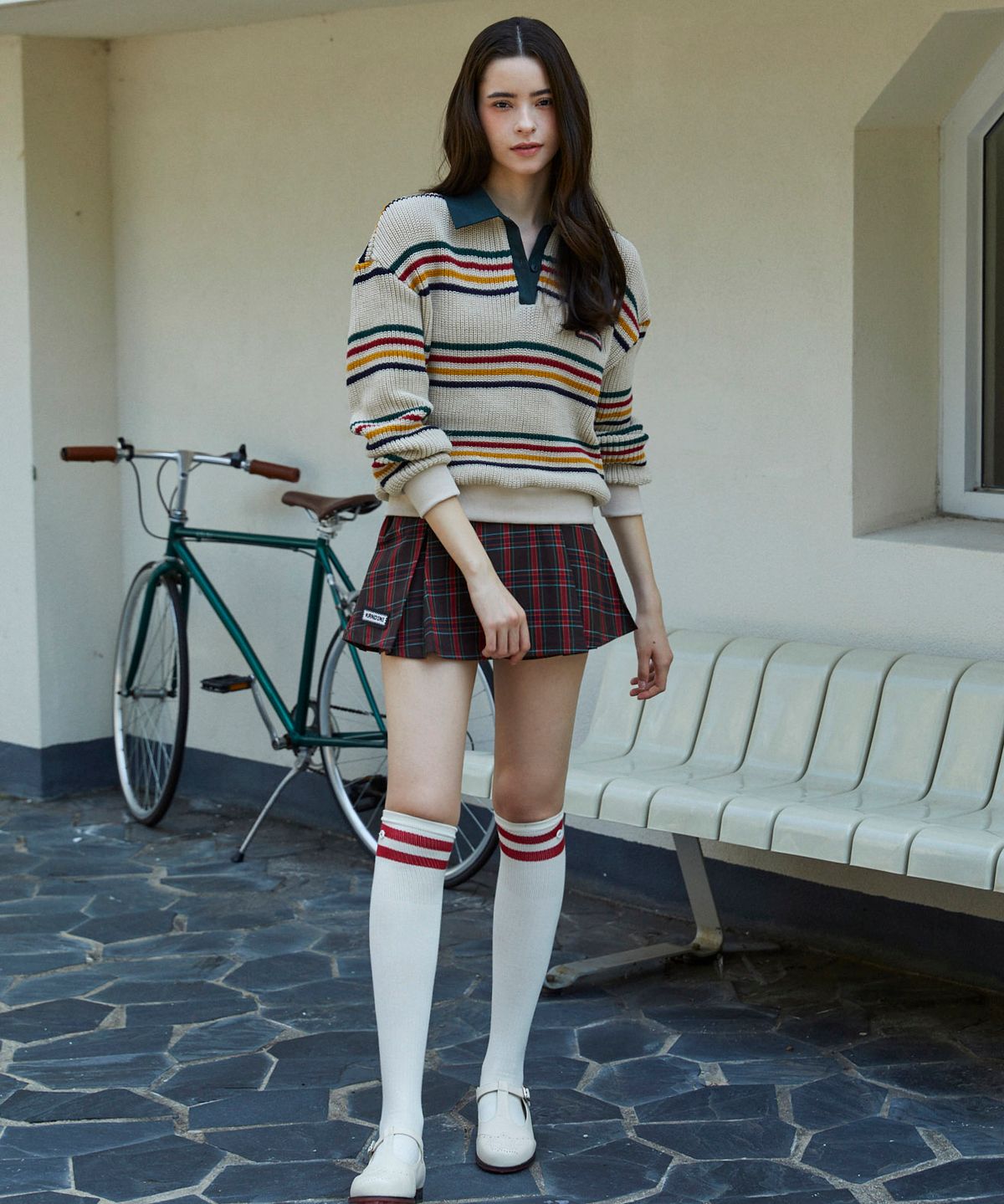 칸디니(KANDINI) 브라운(체크) 언발 플리츠 스커트
