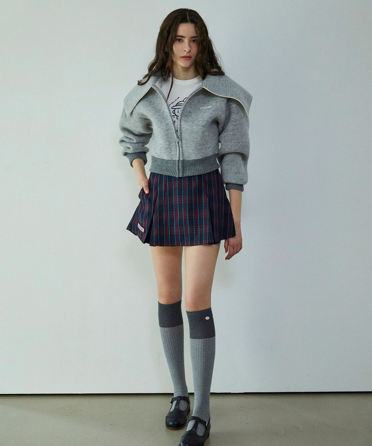 칸디니(KANDINI) 네이비(체크) 언발 플리츠 스커트