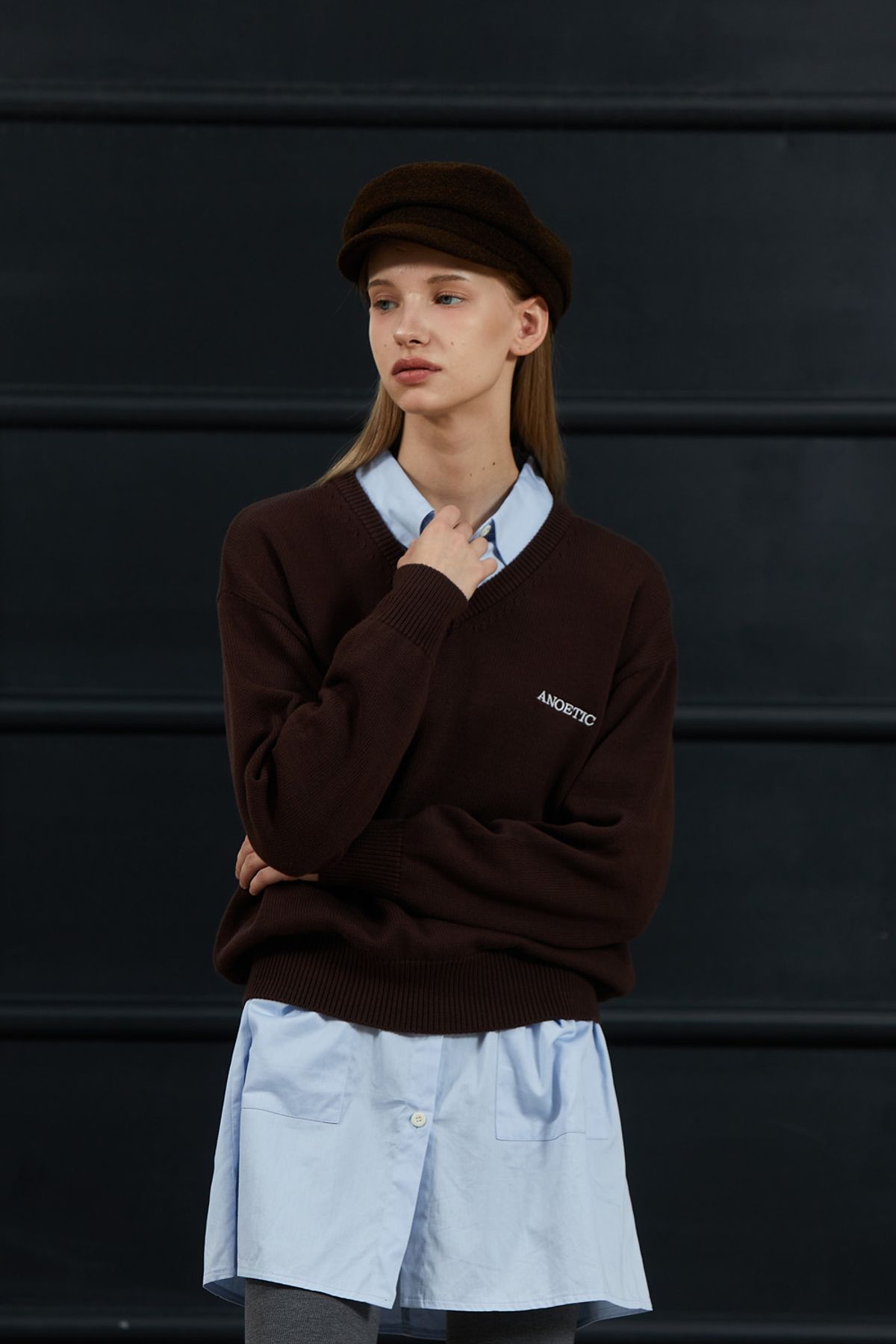 아노에틱(ANOETIC) CLASSIC V-NECK KNIT_BROWN