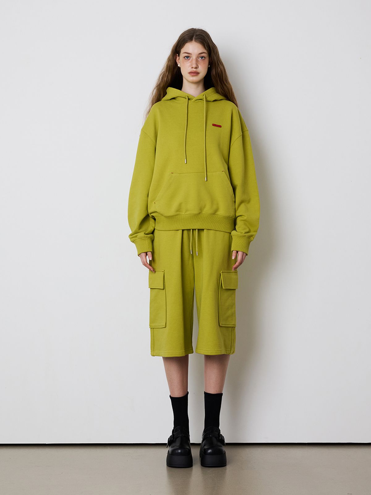 민더리(MEENDERI) [UNISEX] BARTACK STITCH HOODIE - OLIVE