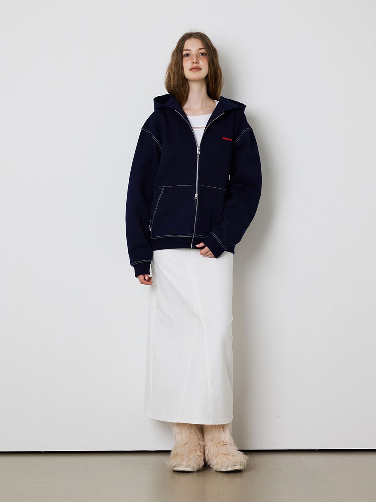 민더리(MEENDERI) [UNISEX] STITCH POCKET ZIP UP HOODIE - NAVY