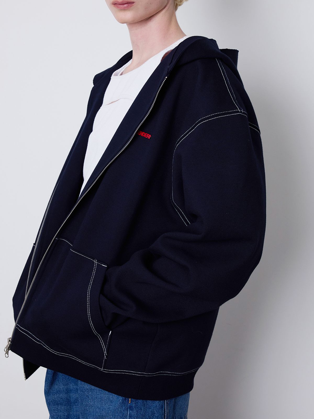 민더리(MEENDERI) [UNISEX] STITCH POCKET ZIP UP HOODIE - NAVY